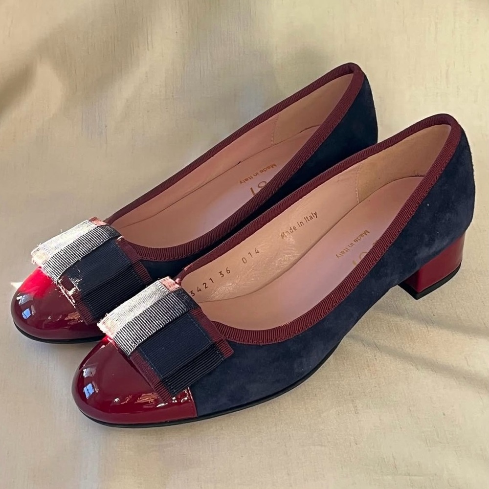 Italian Low Heel Ballerina Flats | Cuir Vernis Bordeaux & Daim Bleu Marine